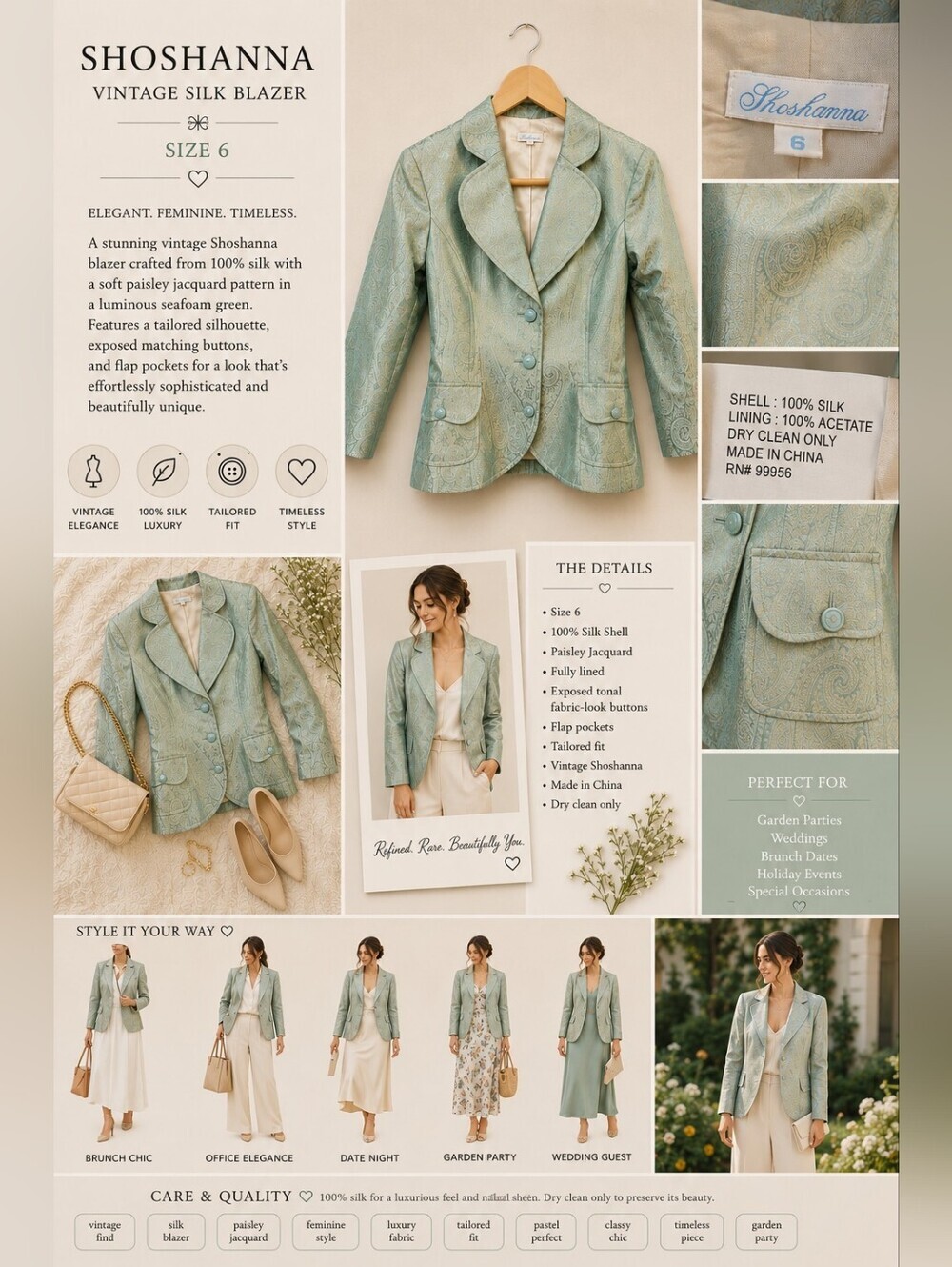 Shoshanna Vintage Silk Paisley Blazer – Sz 6 – Seafoam Blue Jacquard Jacket